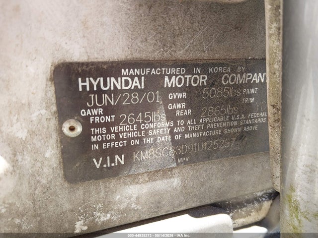 Продажа на аукционе авто 2001 Hyundai Santa Fe 2.7l V6 Gls/2.7l V6 Lx, vin: KM8SC83D91U125257, номер лота: 44939273