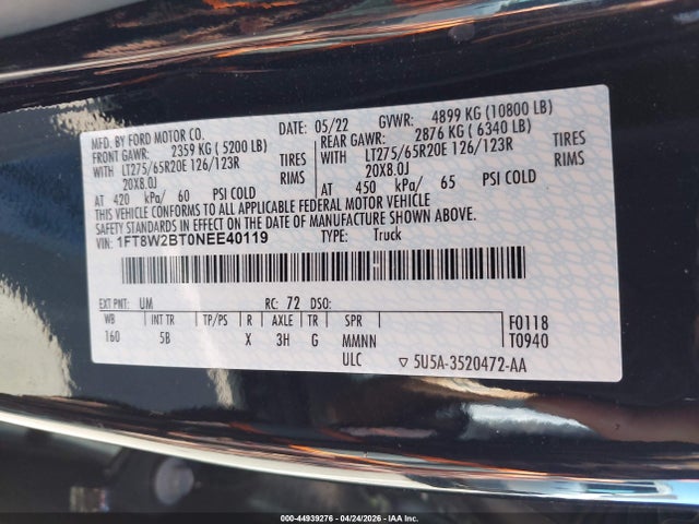 Aukcja sprzedaży 2022 Ford F-250 Lariat, vin: 1FT8W2BT0NEE40119, numer aukcji: 44939276