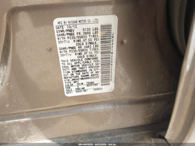 Aukcja sprzedaży 2013 Nissan Murano Le, vin: JN8AZ1MU8DW203206, numer aukcji: 44939293