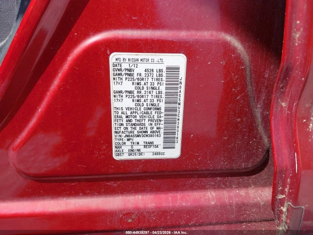 2012 Nissan Rogue Sv მანქანა იყიდება აუქციონზე, vin: JN8AS5MV3CW390163, აუქციონის ნომერი: 44939297