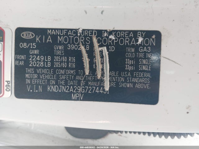 2016 Kia Soul მანქანა იყიდება აუქციონზე, vin: KNDJN2A29G7274431, აუქციონის ნომერი: 44939302