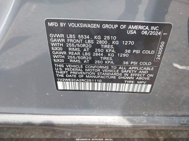 2024 Volkswagen Atlas Cross Sport 2.0t Se W/technology მანქანა იყიდება აუქციონზე, vin: 1V2WE2CA2RC251110, აუქციონის ნომერი: 44939316