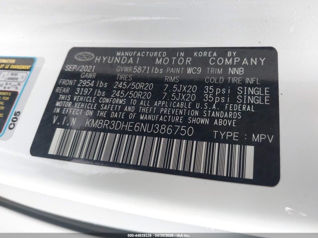 44939326 :رقم المزاد ، KM8R3DHE6NU386750 vin ، 2022 Hyundai Palisade Sel مزاد بيع