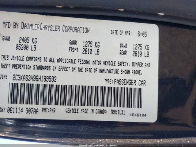 Aukcja sprzedaży 2006 Chrysler 300c, vin: 2C3KA63H96H189993, numer aukcji: 44939332