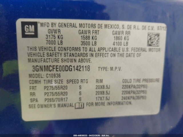 Aukcja sprzedaży 2013 Chevrolet Avalanche Lt, vin: 3GNMCFE00DG142118, numer aukcji: 44939333