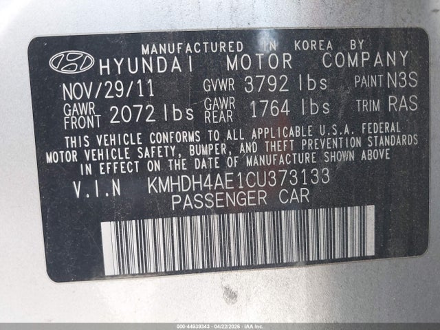 Продаж на аукціоні авто 2012 Hyundai Elantra Gls (ulsan Plant), vin: KMHDH4AE1CU373133, номер лоту: 44939343