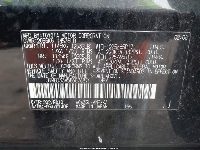 Продажа на аукционе авто 2008 Toyota Rav4, vin: JTMBD33V586076876, номер лота: 44939346