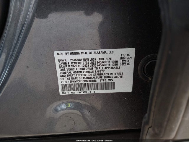 2017 Honda Pilot Lx მანქანა იყიდება აუქციონზე, vin: 5FNYF5H13HB002088, აუქციონის ნომერი: 44939354