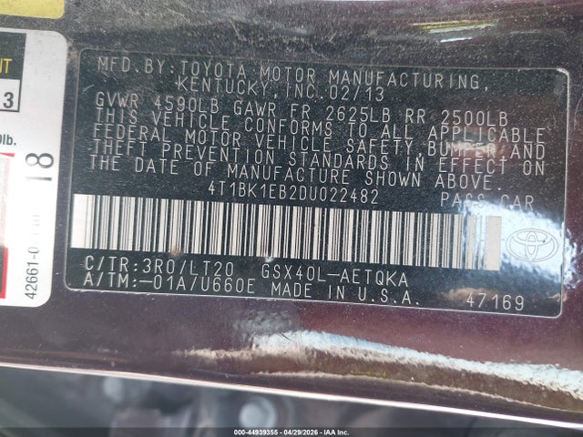 Auction sale of the 2013 Toyota Avalon Xle Touring, vin: 4T1BK1EB2DU022482, lot number: 44939355