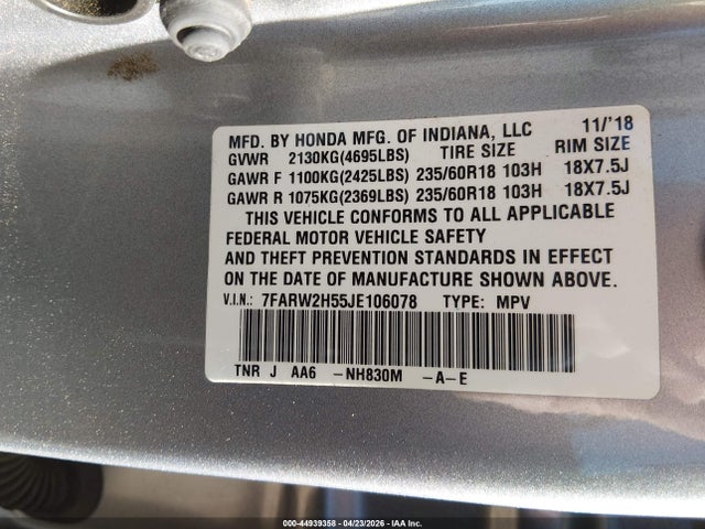 44939358 :رقم المزاد ، 7FARW2H55JE106078 vin ، 2018 Honda Cr-v Ex مزاد بيع