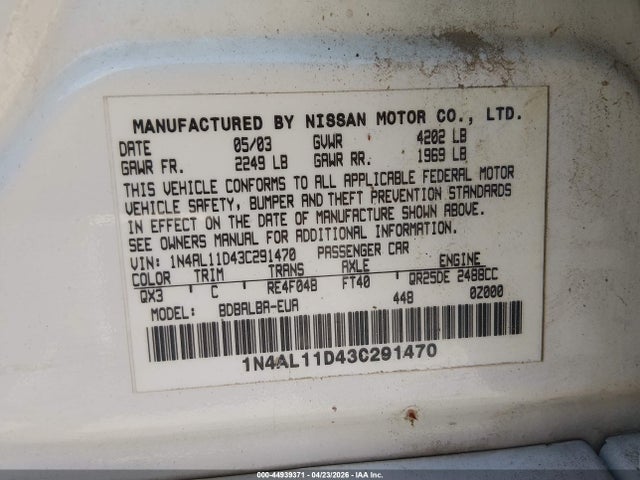 Продаж на аукціоні авто 2003 Nissan Altima S/sl, vin: 1N4AL11D43C291470, номер лоту: 44939371