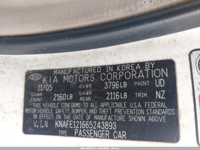 Aukcja sprzedaży 2006 Kia Spectra Ex/lx/sx, vin: KNAFE121665243893, numer aukcji: 44939375