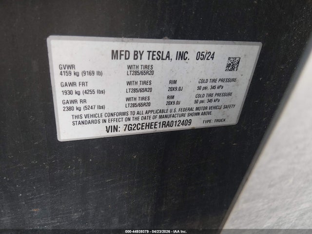 44939379 :رقم المزاد ، 7G2CEHEE1RA012409 vin ، 2024 Tesla Cybertruck Cyberbeast مزاد بيع
