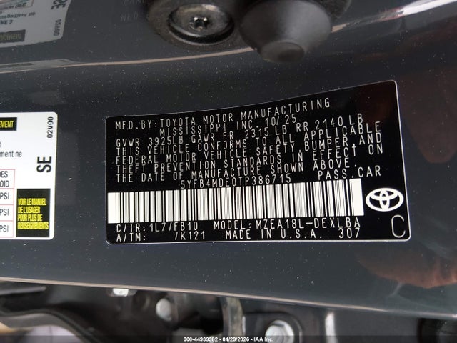 44939382 :رقم المزاد ، 5YFB4MDE0TP386715 vin ، 2026 Toyota Corolla Le مزاد بيع