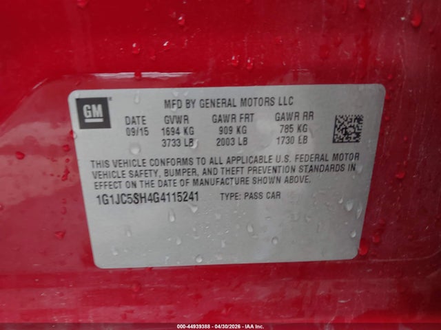 44939388 :رقم المزاد ، 1G1JC5SH4G4115241 vin ، 2016 Chevrolet Sonic Lt Auto مزاد بيع