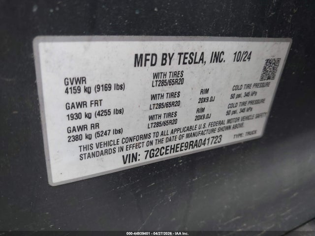 44939401 :رقم المزاد ، 7G2CEHEE9RA041723 vin ، 2024 Tesla Cybertruck Cyberbeast مزاد بيع
