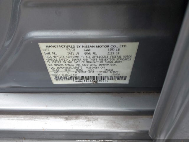 Продаж на аукціоні авто 2008 Nissan Maxima 3.5 Se, vin: 1N4BA41E18C830672, номер лоту: 44939403