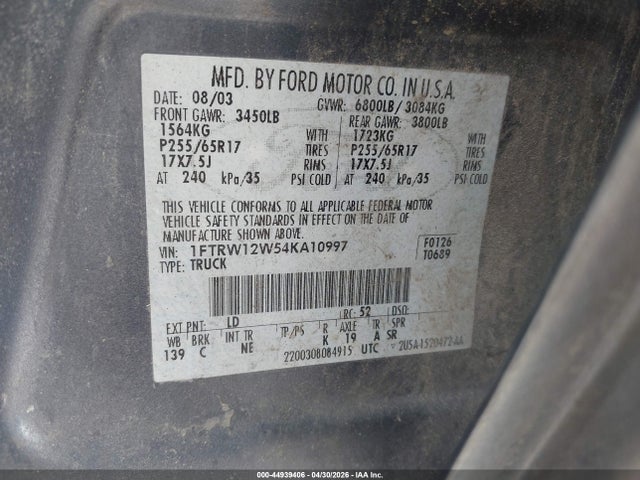 2004 Ford F-150 Xlt მანქანა იყიდება აუქციონზე, vin: 1FTRW12W54KA10997, აუქციონის ნომერი: 44939406