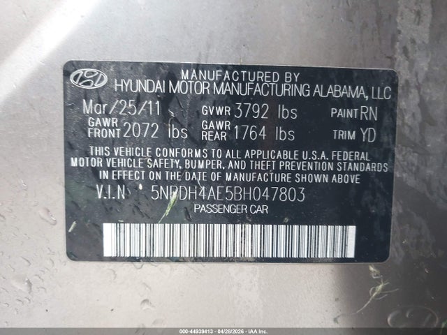 Продаж на аукціоні авто 2011 Hyundai Elantra Gls, vin: 5NPDH4AE5BH047803, номер лоту: 44939413