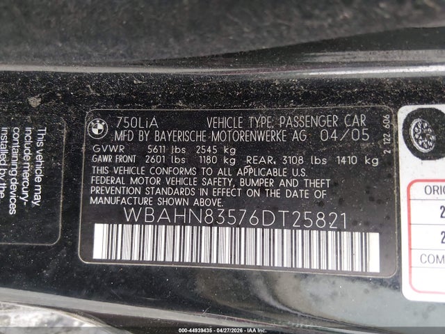 Продаж на аукціоні авто 2006 Bmw 750li, vin: WBAHN83576DT25821, номер лоту: 44939435