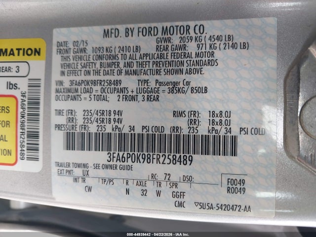 Ford Fusion Titanium 2015 3FA6P0K98FR258489 Image 9