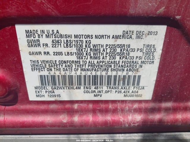 Aukcja sprzedaży 2014 Mitsubishi Outlander Sport Se, vin: 4A4AP4AU4EE018707, numer aukcji: 44939444