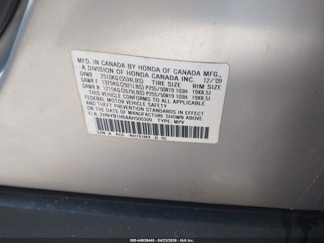 Aukcja sprzedaży 2010 Acura Zdx, vin: 2HNYB1H64AH500309, numer aukcji: 44939448