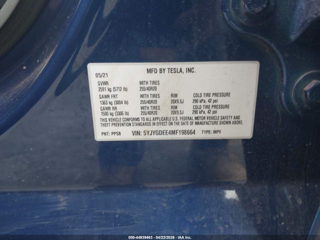44939463 :رقم المزاد ، 5YJYGDEE4MF198664 vin ، 2021 Tesla Model Y Long Range Dual Motor All-wheel Drive مزاد بيع