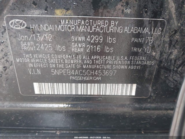 Продаж на аукціоні авто 2012 Hyundai Sonata Gls, vin: 5NPEB4AC5CH453697, номер лоту: 44939468
