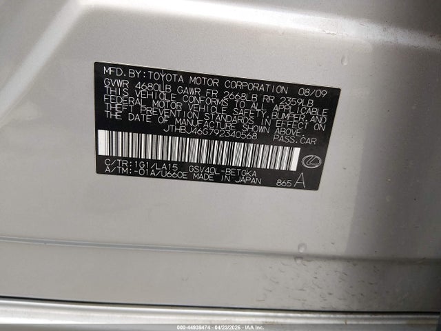 Aukcja sprzedaży 2009 Lexus Es 350, vin: JTHBJ46G792340568, numer aukcji: 44939474