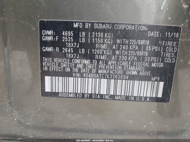 Aukcja sprzedaży 2019 Subaru Outback 2.5i Touring, vin: 4S4BSATC7K3263694, numer aukcji: 44939487