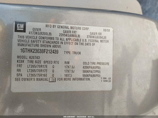 Продаж на аукціоні авто 2008 Gmc Sierra 2500hd Slt, vin: 1GTHK23638F212439, номер лоту: 44939497