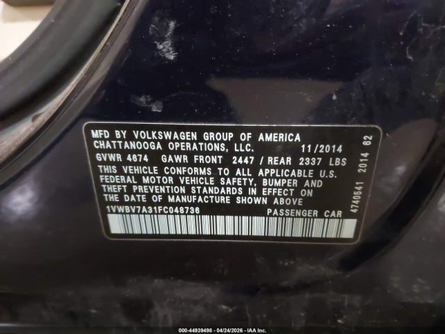 2015 Volkswagen Passat 2.0l Tdi Se მანქანა იყიდება აუქციონზე, vin: 1VWBV7A31FC048736, აუქციონის ნომერი: 44939498