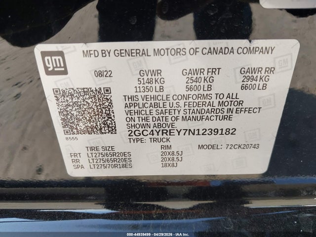 Aukcja sprzedaży 2022 Chevrolet Silverado 2500hd 4wd  Standard Bed High Country, vin: 2GC4YREY7N1239182, numer aukcji: 44939499