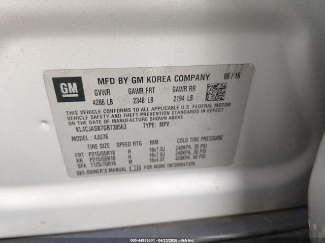 Aukcja sprzedaży 2016 Buick Encore, vin: KL4CJASB7GB738563, numer aukcji: 44939501