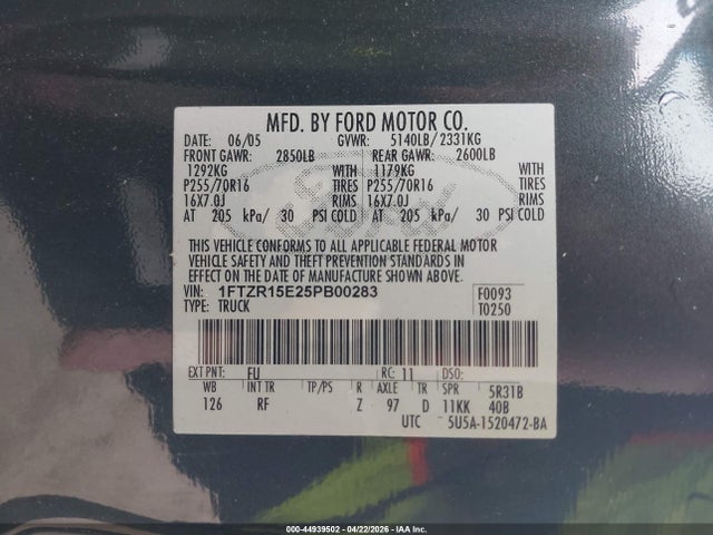 2005 Ford Ranger Edge/xl/xlt მანქანა იყიდება აუქციონზე, vin: 1FTZR15E25PB00283, აუქციონის ნომერი: 44939502