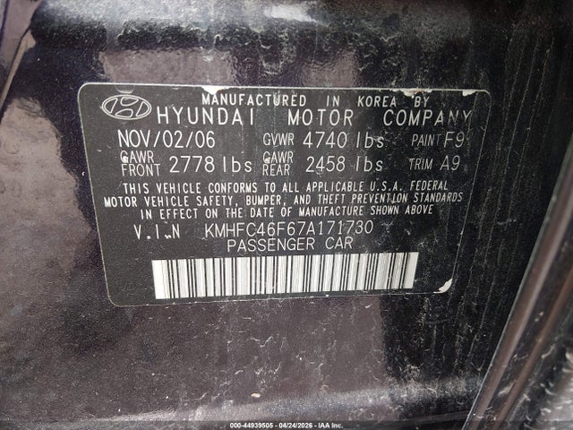 2007 Hyundai Azera Limited/se მანქანა იყიდება აუქციონზე, vin: KMHFC46F67A171730, აუქციონის ნომერი: 44939505
