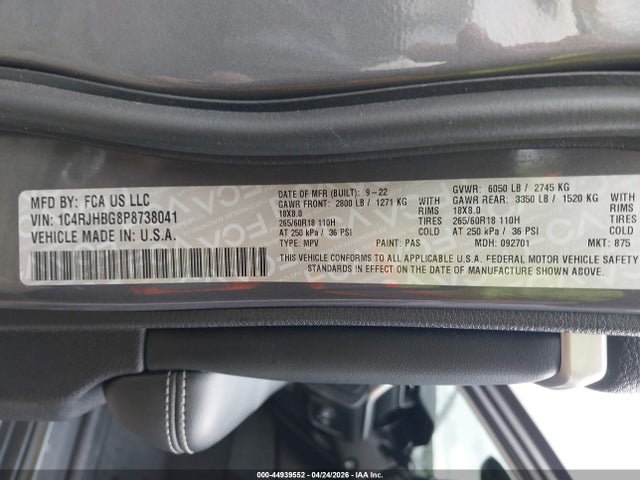 2023 Jeep Grand Cherokee Limited 4x4 მანქანა იყიდება აუქციონზე, vin: 1C4RJHBG8P8738041, აუქციონის ნომერი: 44939552