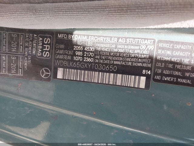 44939557 :رقم المزاد ، WDBLK65GXYT030650 vin ، 2000 Mercedes-benz Clk 320 مزاد بيع