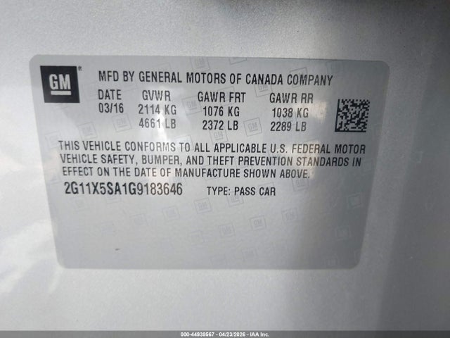 44939567 :رقم المزاد ، 2G11X5SA1G9183646 vin ، 2016 Chevrolet Impala 1fl مزاد بيع