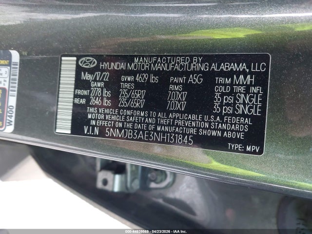 Продажа на аукционе авто 2022 Hyundai Tucson Sel, vin: 5NMJB3AE3NH131845, номер лота: 44939569