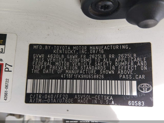 Aukcja sprzedaży 2017 Toyota Camry Se, vin: 4T1BF1FK9HU658826, numer aukcji: 44939597