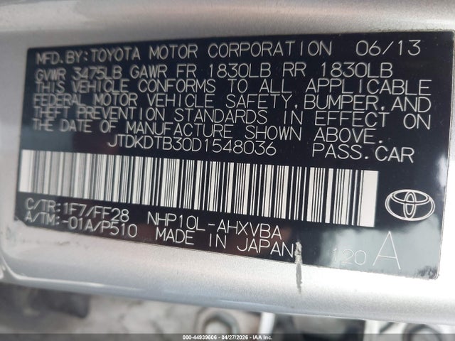 Aukcja sprzedaży 2013 Toyota Prius C Two, vin: JTDKDTB30D1548036, numer aukcji: 44939606