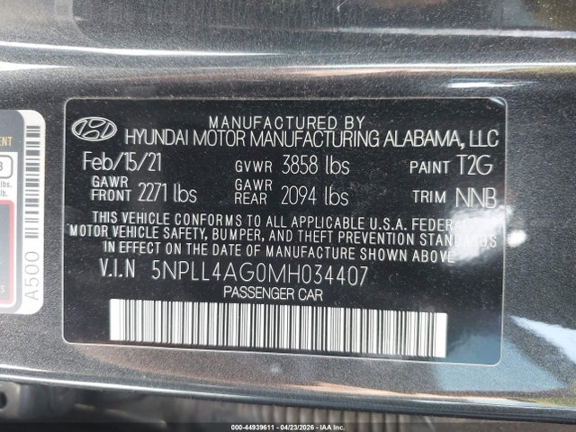 Продаж на аукціоні авто 2021 Hyundai Elantra Se, vin: 5NPLL4AG0MH034407, номер лоту: 44939611