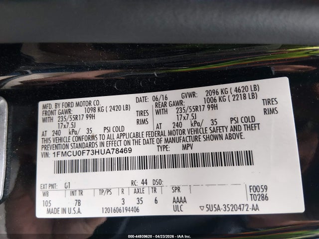 Aukcja sprzedaży 2017 Ford Escape S, vin: 1FMCU0F73HUA78469, numer aukcji: 44939620