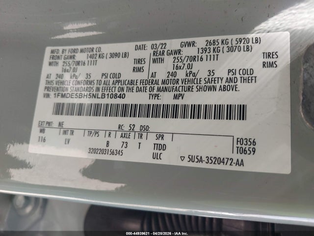 Продаж на аукціоні авто 2022 Ford Bronco, vin: 1FMDE5BH5NLB10840, номер лоту: 44939621