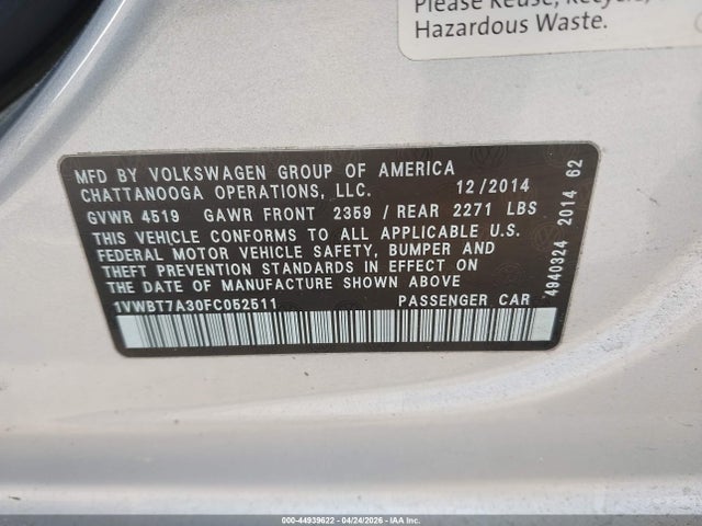 2015 Volkswagen Passat 1.8t Se მანქანა იყიდება აუქციონზე, vin: 1VWBT7A30FC052511, აუქციონის ნომერი: 44939622