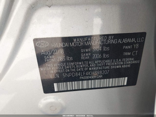Aukcja sprzedaży 2019 Hyundai Elantra Sel, vin: 5NPD84LF4KH398207, numer aukcji: 44939631
