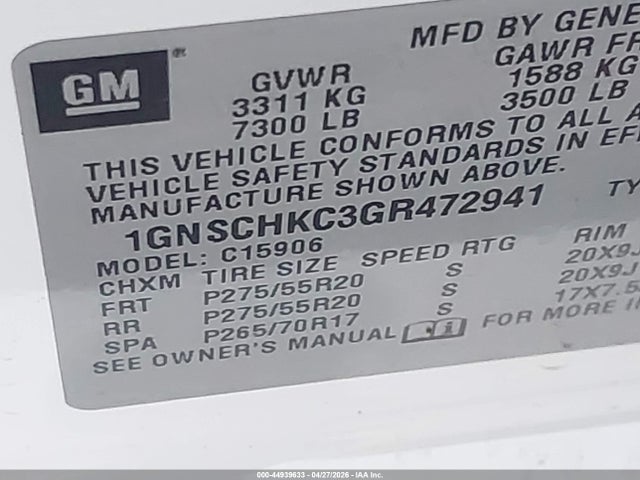 1GNSCHKC3GR472941 Chevrolet Suburban Lt