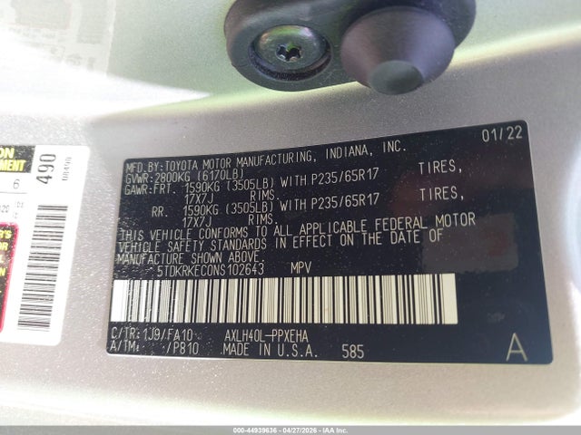 Продаж на аукціоні авто 2022 Toyota Sienna Le, vin: 5TDKRKEC0NS102643, номер лоту: 44939636